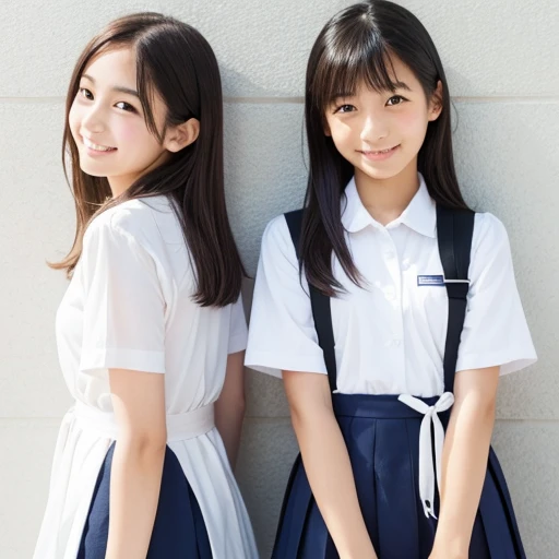 Japanese junior high school girls、、In front of a white wall、Stand upright、Hands behind your back、Smile