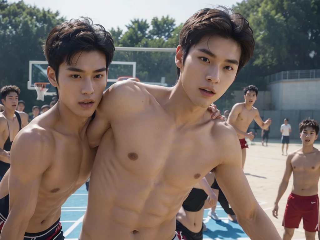 handsome face detail,Korean guy skinny thin like a boy,nude,shirtless wearing bikini brown underwear playing basketball with group of friends, have an audiences wearing uniforms in amphitheatre ,
