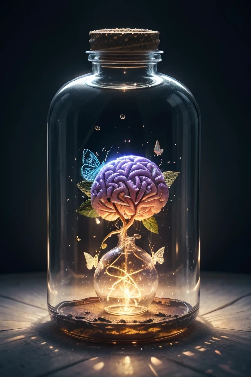 Style fantasy, a human brain growing in a glass jar, inside the therapy room, psychology butterflies in this mind, realistic natural brain, bottle filled with a translucent liquid, conscious and unconscious human mind, volumetric lighting and effects to enhance the mystical atmosphere, detailded, Vibrant, immersive, warm toned, cinematic light, reminiscent of high fantasy RPG gameplay
