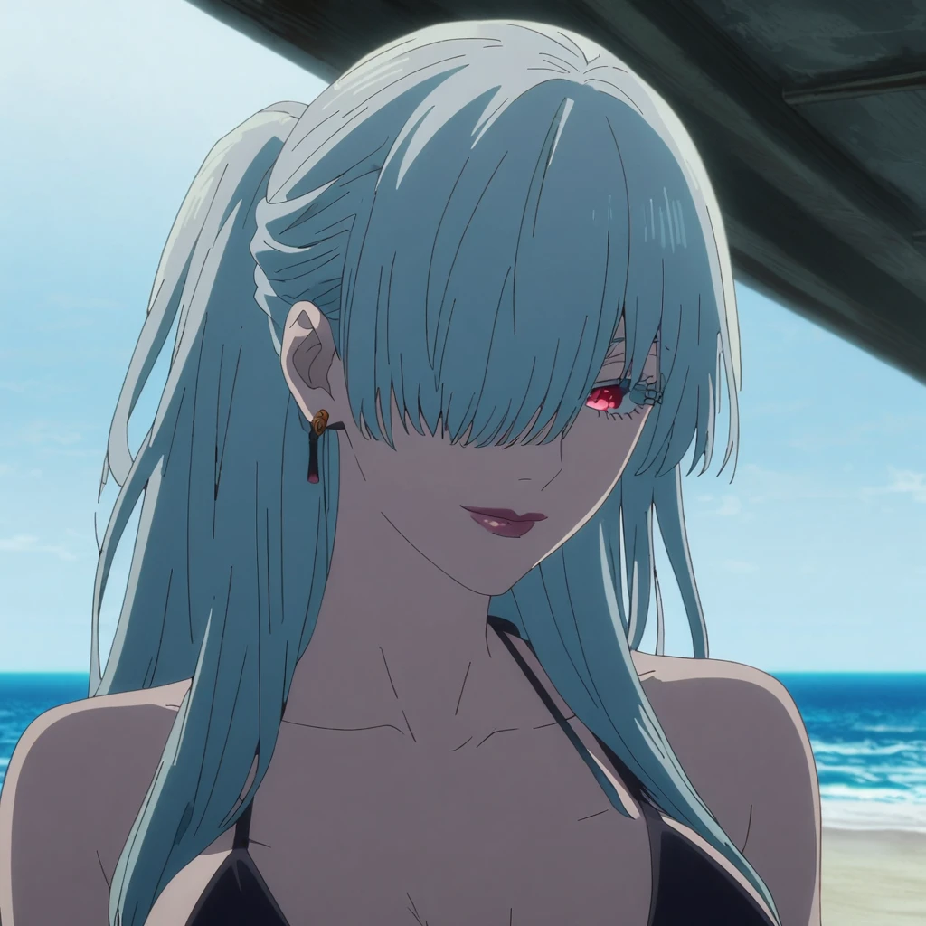 1girl, female gojo satoru, anime screencap from jujutsu kaisen, gojo satoru female version, solo, long_hair, Red eyes (silver_hair)), (hanging breasts) upper_body, smile, indoors, book, red_eyes, lips, ( ponytail) ((wearing bikini, beach view)) breast, "very detailed and high resolution" (Red eyes) (cross arms)  ((long hair, hair over one eyes)) ((solo)) (front view) (earings) ((high resolution)) ((good quality)) ((side bangs))