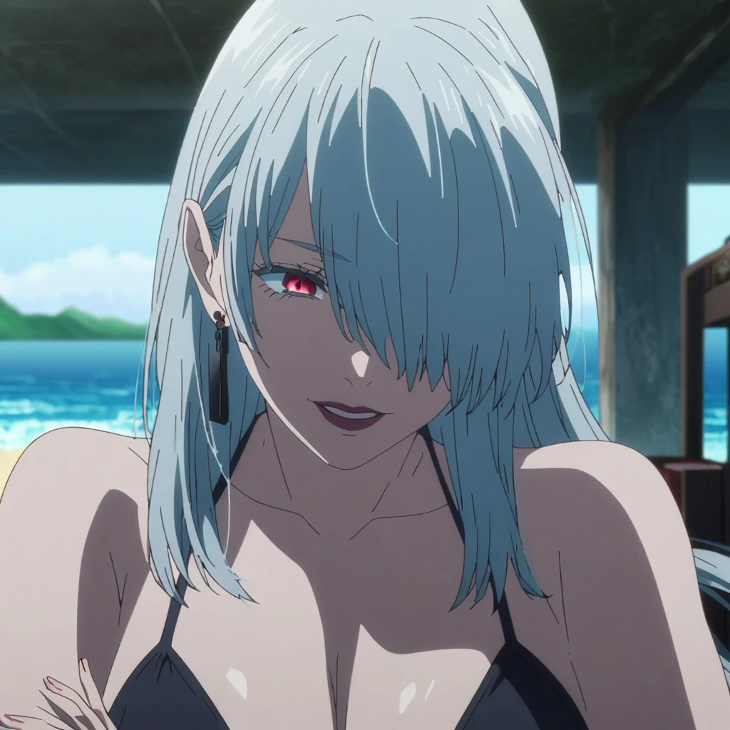 1girl, female gojo satoru, anime screencap from jujutsu kaisen, gojo satoru female version, solo, long_hair, Red eyes (silver_hair)), (hanging breasts) upper_body, smile, indoors, book, red_eyes, lips, ( ponytail) ((wearing bikini, beach view)) breast, "very detailed and high resolution" (Red eyes) (cross arms) ((long hair, hair over one eyes)) ((solo)) (front view) (earings) ((high resolution)) ((good quality)) ((side bangs))