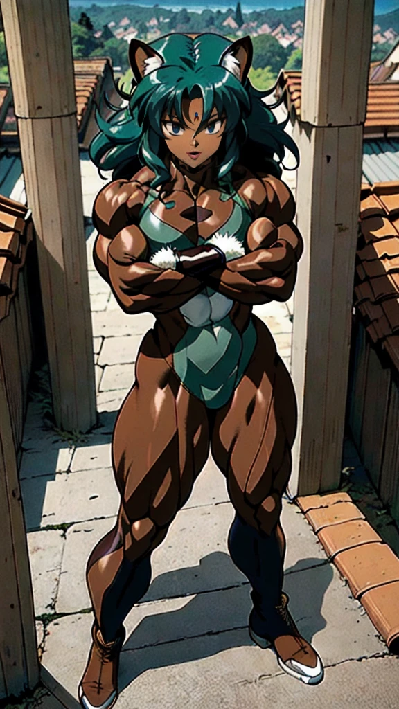 (athletic muscular body), {{{(((african american)))}}}, {{{((( (glossy) (smooth) ((dark brown skin)) )))}}}, (((pro wrestler))), (((kunoichi))), {{{(((19-year-old)))}}}, {{{(((young woman)))}}}, (((tomboy))), (((stoic))), (((bored))), (((emotionless))), (((wolflike))), ( (messy) (curly) (((long))) (dark mint green hair) ), (big intense (silver eyes) ), (small breasts), toned abs, {{{(((strong leg muscles)))}}}, toned biceps, toned forearms, toned deltoids, toned triceps, toned erector spinae, toned rhomboids, toned hamstring muscles, firm muscular glutes ,{{{(((strong back muscles)))}}}, (((thick muscular trapezius))), (((big muscular latissimus))), toned quadriceps, toned gastrocnemius, toned soleus, amazing ass, (((character wearing a (skintight long sleeve (brown with some gray) (fur bodysuit) ) ))), (knee pads), (fingerless gloves), (((combat boots))), {{{(((folding her arms)))}}}, {{{(((lush fantasy forest village)))}}}, {{{(((standing on a roof)))}}}, {{{(((great anatomy)))}}}, {{{(((high muscle mass)))}}},{{{(((well-trained muscles)))}}}, {{{(((well-toned muscles)))}}}, {{{(((best quality)))}}}, {{{(((masterpiece)))}}}, {{{(((wide shot)))}}}, {{{(((90s anime)))}}},