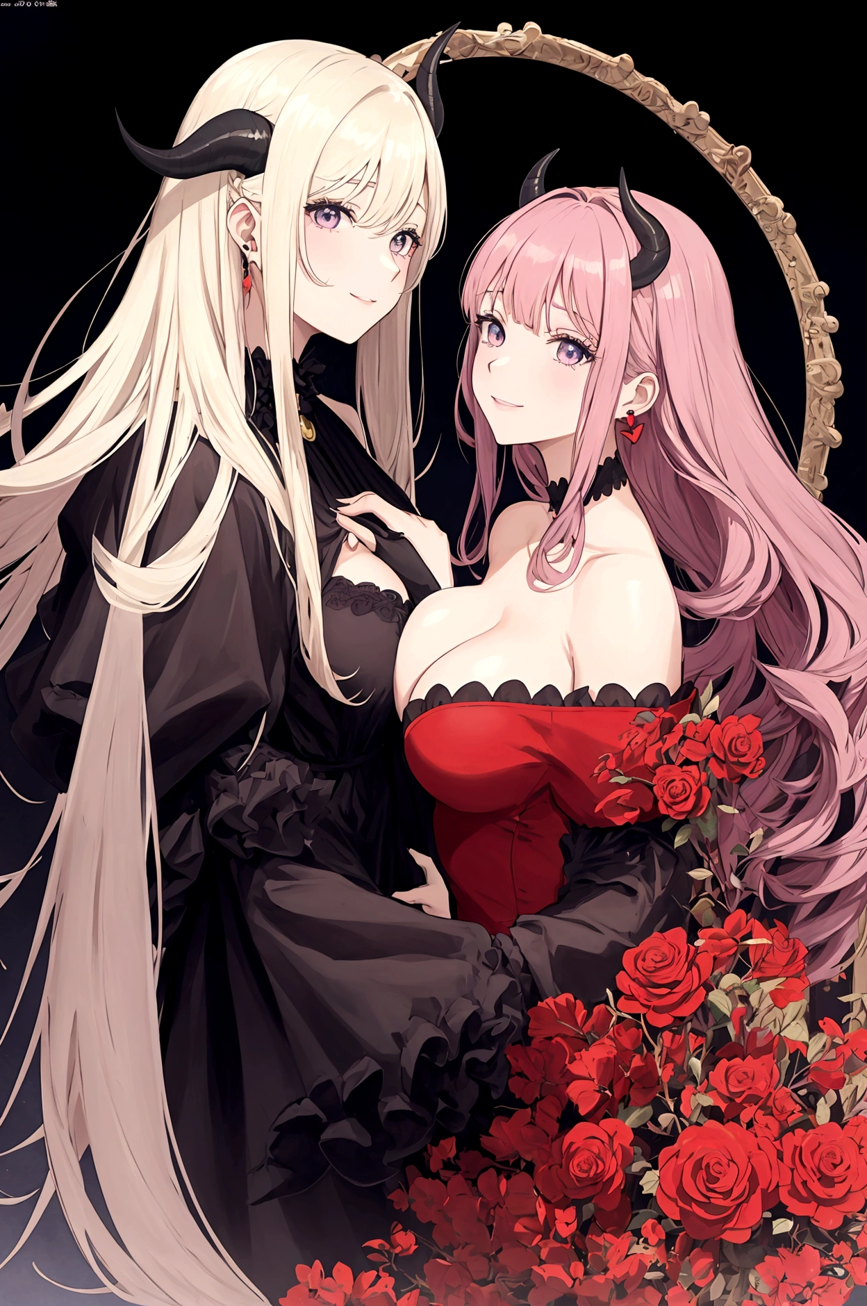 Couverture du magazine. Anime, femme adulte, Femme d'âge moyen, seulement, cheveux longs, cheveux roses, les yeux rouges, corne de démon, corne e, corne complexe, Femme démon, Modèle, Beau, fantaisie, vetements décontractés. accessoires pour cheveux. Coiffures inhabituelles. des boucles d'oreilles. salutation. oreilles pointues. grosut du corps. doux sourire. Beautiful Anime art. maman.