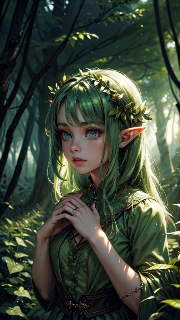 1 20-year-old girl, fairy princess, green clothes, nature clothes, nature panorama, sweet, beauty gril, twin sister.HD lighting and dark )<=(epic image quality)dark atmosphere with bright particle light(many effects in background).detailed eyes, detailed hands, detailed face, elf girl, beautiful