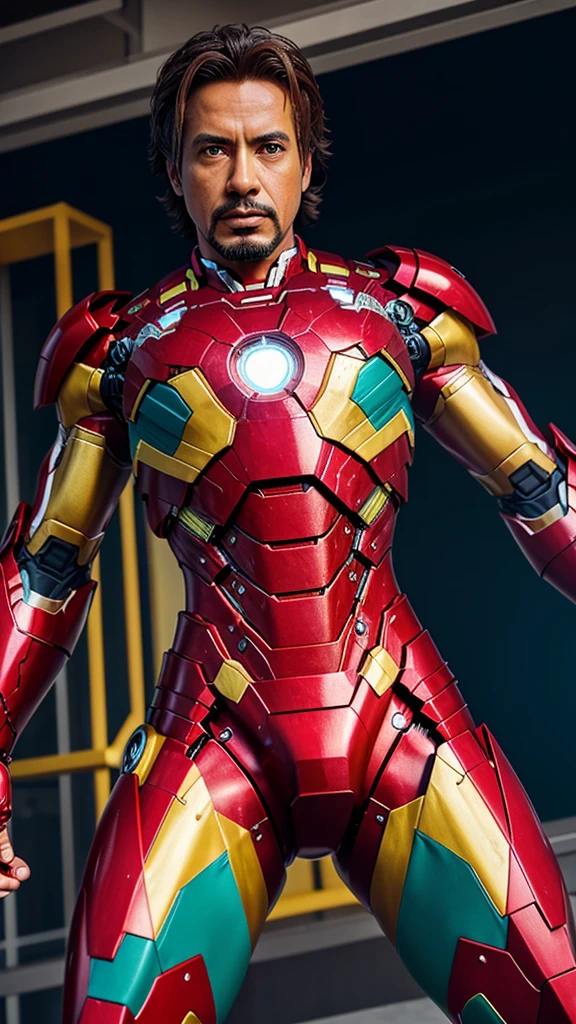 Generate a 3D realistic image of Iron Man in his official suit, transformed into a Brazilian version. Imagine the iconic Iron Man suit with a Brazilian twist - incorporating elements like the colors of the Brazilian flag, intricate designs inspired by Brazilian culture, and any other unique characteristics that would make it distinctly Brazilian. Capture the essence of Brazil in this new interpretation of Iron Man, combining cutting-edge technology with vibrant Brazilian flair.