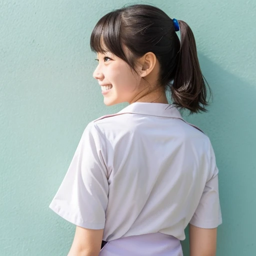 Japanese junior high school girls、、In front of a white wall、Stand upright、Hands behind your back、Smile