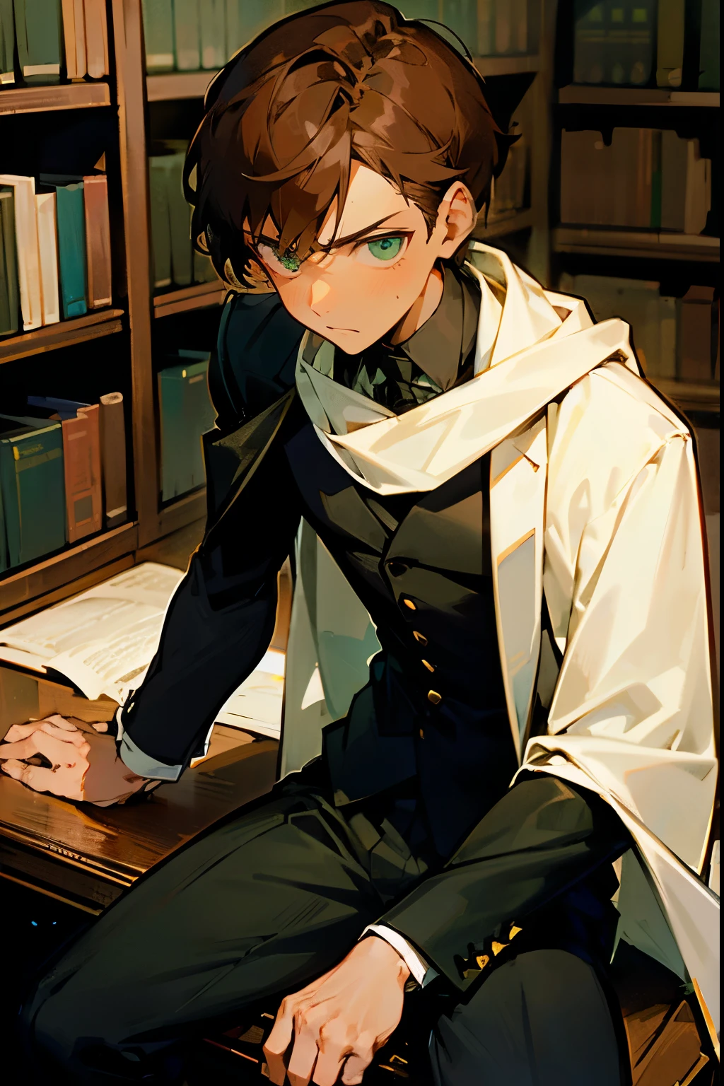 1Male, Brown Hair, Black Suit, Short Hair, White Scarf, Formal Clothing, Green Eyes, Determined Expression, Lean, Stealth Specialist, Middle-aged, Library Background, Sitting at a Desk.