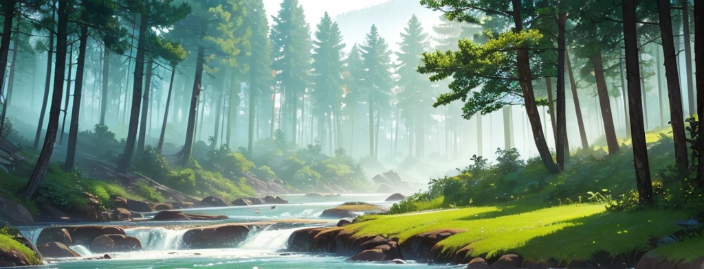 A classic forest with big green and brown trees and a river with blue fog