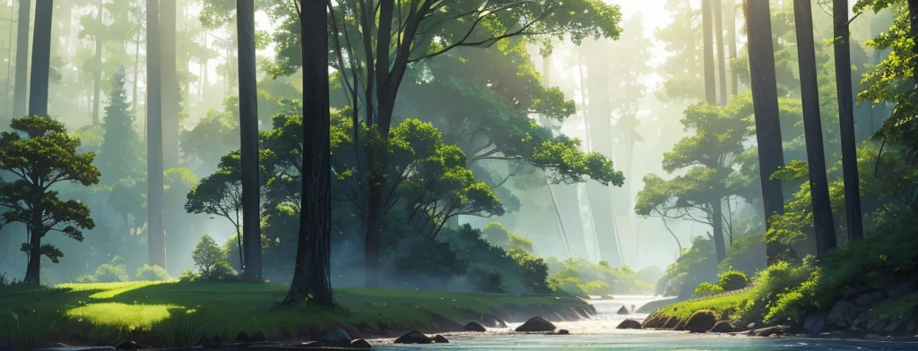 A classic forest with big green and brown trees and a river with blue fog