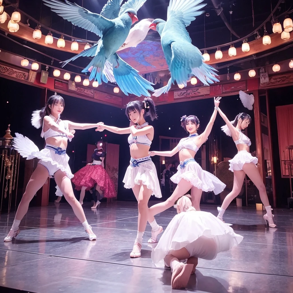 3 people、Sexy cute Japanese beauty、perform synchronized dance、Surreal and dreamlike environments。The scene captures their choreography with bird&#39;s-eye views and wide shots.、It&#39;s harmonious and smooth。The lighting is blue and purple、It enhances the dreamlike atmosphere of this scene.。