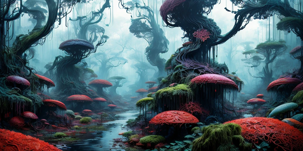 surreal lush forest mixed media, a (Paul Lehr Bernie Fuchs) magical fantasy designed, vivid colours, cryptic, mystical, flowing organic pop surrealism by james jean, roby dwi antono, ross tran, steven kenny, paul neberra, ashley wood, atmospheric, trending on artstation. 8 k masterpiece, fluid, filigree, smoke,