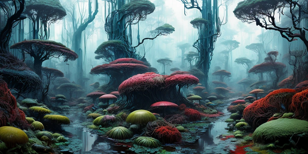 surreal lush forest mixed media, a (Paul Lehr Bernie Fuchs) magical fantasy designed, vivid colours, cryptic, mystical, flowing organic pop surrealism by james jean, roby dwi antono, ross tran, steven kenny, paul neberra, ashley wood, atmospheric, trending on artstation. 8 k masterpiece, fluid, filigree, smoke,