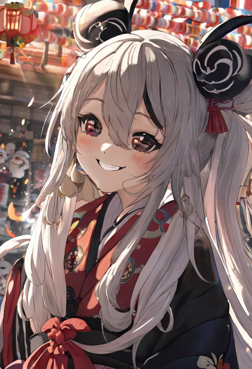 girl, 独奏,big, masterpiece, Highest quality, smile、Close-up of face、A big smile、Close your eyes and laugh、Nakiri Ayame, long hair, double bun, AyameBase, black kimono, hair bell, obi, white thighhighs, bare shoulders, long sleeves, oni mask, mask on head