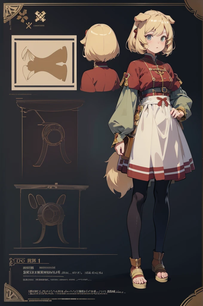 line-art, art book, design sheet, 8k, best quality, design, equipment design, geometry, fashion, 8k, ultra-detailed, fantasy villager girl, anime girl, blonde hair, dog girl, dog ears, tail, peasant girl, thin girl, young adult woman