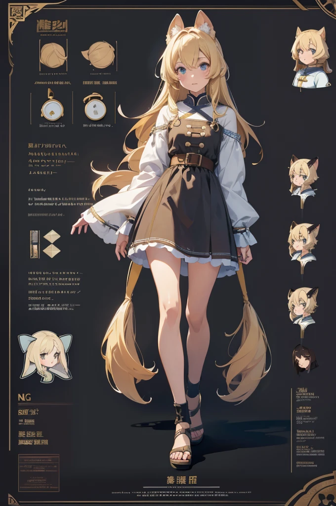 line-art, art book, design sheet, 8k, best quality, design, equipment design, geometry, fashion, 8k, ultra-detailed, fantasy villager girl, anime girl, blonde hair, dog girl, dog ears, tail, peasant girl, thin girl, young adult woman