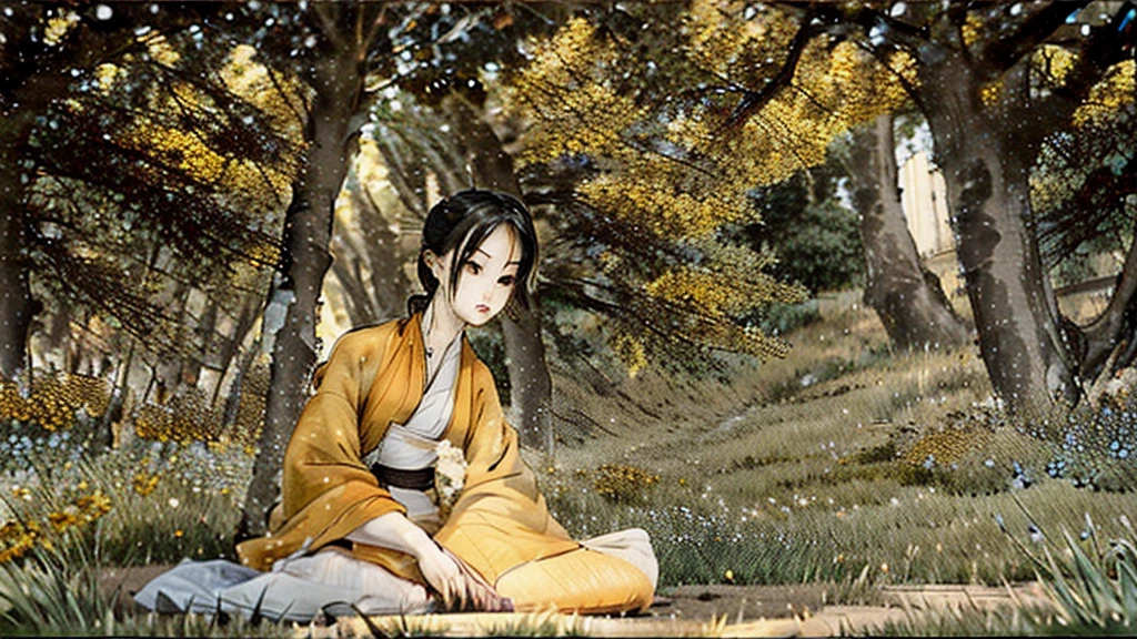 A detailed picture of a monk sitting meditation, could be sitting under a big tree, full body, eyes closed. his head shaved bald. Buddhism style. The monk clothing drapes elegantly but do not expose the body , and the dark yellow, could be in nature, background contrasts sharply with the monk, making it the focal point. The overall ambiance of the image is peacefully, emphasized by the play of light and shadow. Wide shot. front view. Realistic, Hyper detailed.