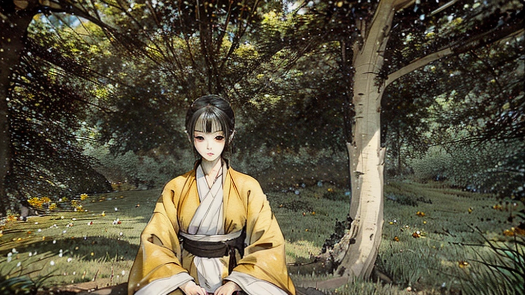 A detailed picture of a monk sitting meditation, could be sitting under a big tree, full body, eyes closed. his head shaved bald. Buddhism style. The monk clothing drapes elegantly but do not expose the body , and the dark yellow, could be in nature, background contrasts sharply with the monk, making it the focal point. The overall ambiance of the image is peacefully, emphasized by the play of light and shadow. Wide shot. front view. Realistic, Hyper detailed.