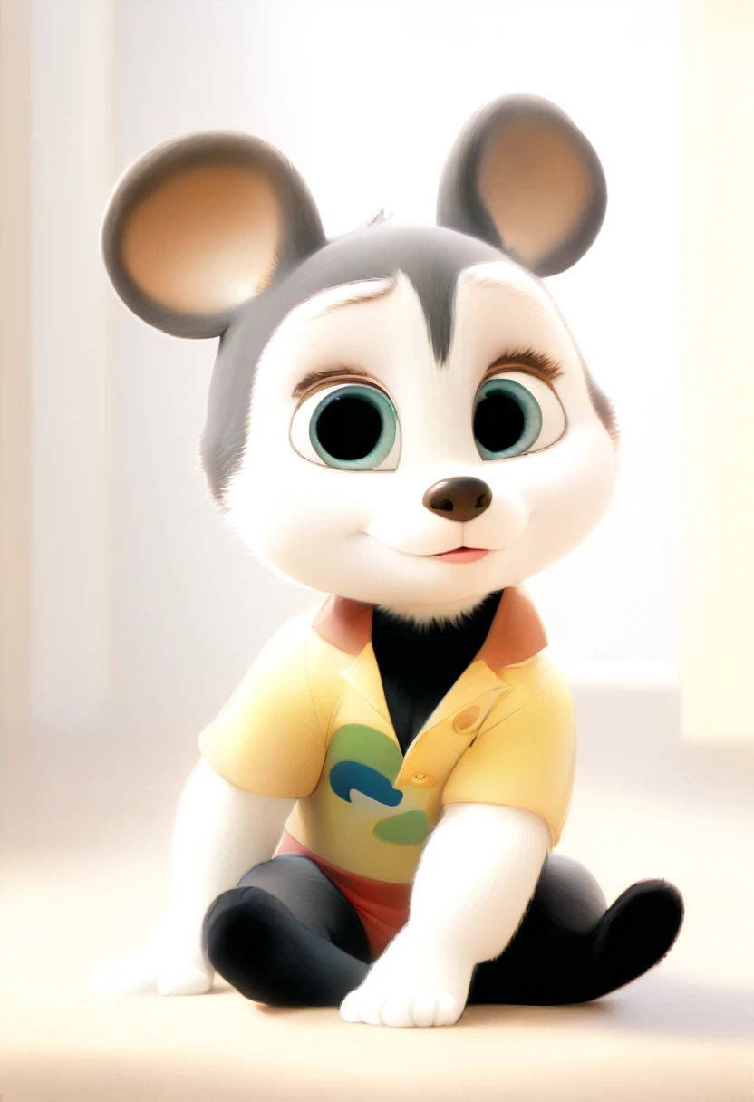 create a 4k image, 3d, Disney cartoon cards/Pixar of one "6 month old boy, blacksad". sitting on the floor, wearing a costume "Mickey mouse"!
