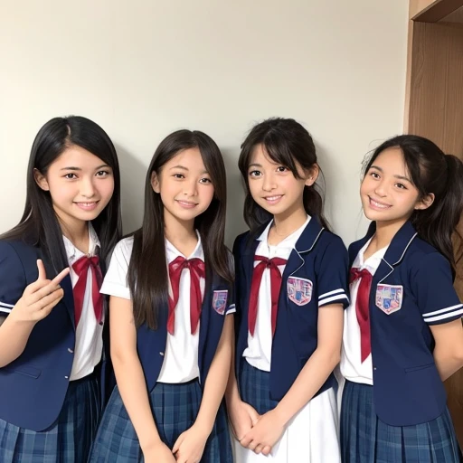 Japanese junior high school girls、、In front of a white wall、Stand upright、Hands behind your back、Smile