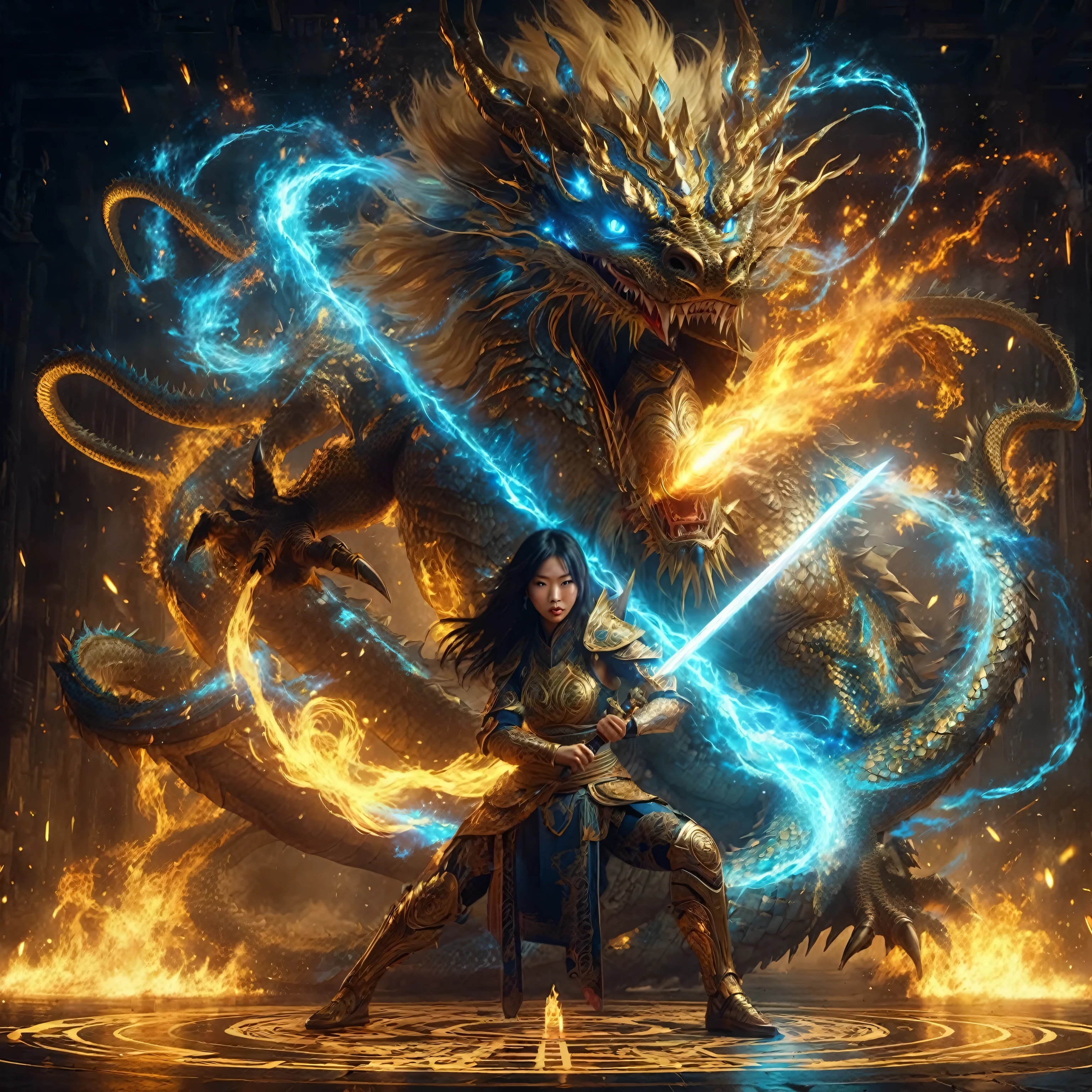 an Asian female warrior in a glowing gold costumes holding a glowing sword and a Giant Ferocious Dragon with a dark aura around her, bursts of gold blue pink fire from the dragon's mouth, focus on face, facing at the camera, fiery light coiled around his body, aggressively twirling with her claws creating gusts of wind and explosions of aura, torn clothes flying in a circle, wearing cybernetic enhancements, occult symbols underneath on the ground with light reflection, 8k