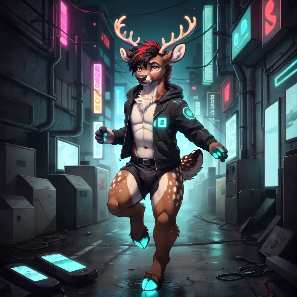 top quality, best quality, High-quality illustrations, masterpiece, super high resolution, detailed background, one cute fluffy deer boy, (red fur), bright red hair with black highlights, glowing cyan eyes, tecnologycal, android deer, glowing cyan and black lights running over his body, glowing fawn spots, glowing freckles, emo outfit, black outfit, cyberpunk, deer hooves, deer tail, deer ears, antlers, antenna, radio, tv, wi-fi, technology, deer, human face, brown skin, dark skin,