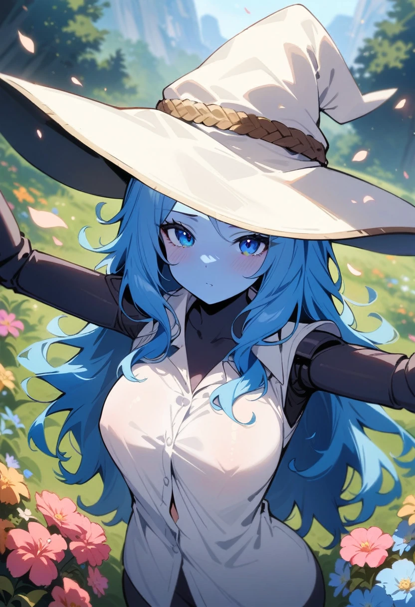 masterpiece, best quality, very aesthetic, absurdres, newest,1girl,naked_shirt, covered_nipples, ,ranni_the_witch, elden_ring, blue_eyes, blue_hair, blue_skin, colored_skin, (4arms:1.2), doll_joints, medium_hair, wavy_hair, white_hat, witch_hat,,,surrounding by flowers,falling_petals, outdoors, petals,