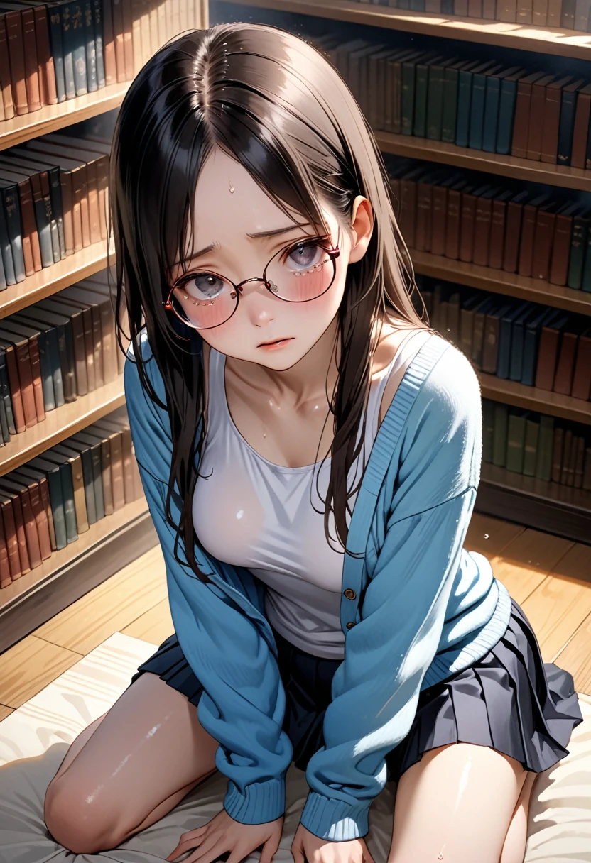 ((masterpiece,Highest quality;1.3,best illustration,realistic)),Looking up at the viewer、1woman、独奏,25 year old Japanese beauty,((very small head:1.1)),center parted bangs,forehead,black hair,long hair,black eyes,gorgeous eyes,Black-rimmed glasses、tears,shy,sad,medium breasts,((very long body)),((toned body,slender body,skinny)),gleaming skin,shiny skin,oily skin,(oversized blue cardigan,Dark blue pleated mini skirt)、White tank top、kneeling,incontinence、peeing,library、Tokyo、
