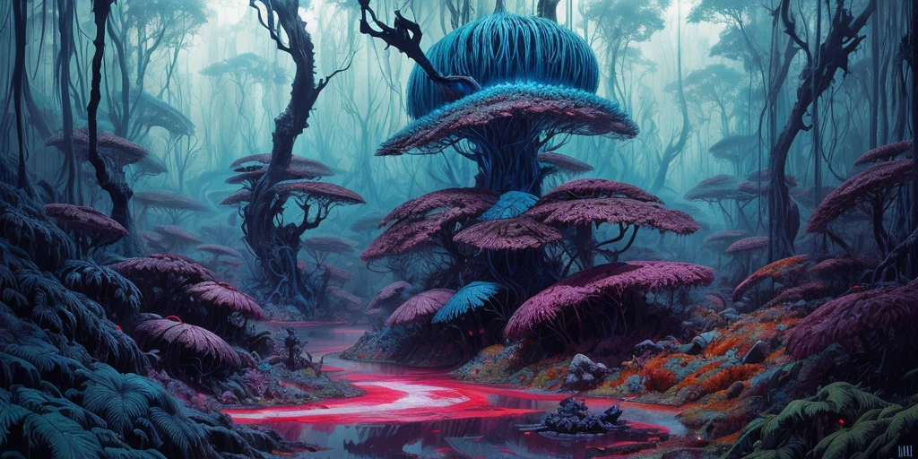 surreal lush forest mixed media, a (Paul Lehr Bernie Fuchs) magical fantasy designed, vivid colours, cryptic, mystical, flowing organic pop surrealism by james jean, roby dwi antono, ross tran, steven kenny, paul neberra, ashley wood, atmospheric, trending on artstation. 8 k masterpiece, fluid, filigree, smoke,