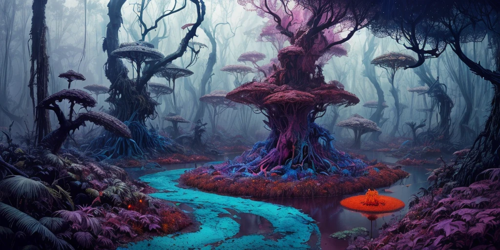 surreal lush forest mixed media, a (Paul Lehr Bernie Fuchs) magical fantasy designed, vivid colours, cryptic, mystical, flowing organic pop surrealism by james jean, roby dwi antono, ross tran, steven kenny, paul neberra, ashley wood, atmospheric, trending on artstation. 8 k masterpiece, fluid, filigree, smoke,