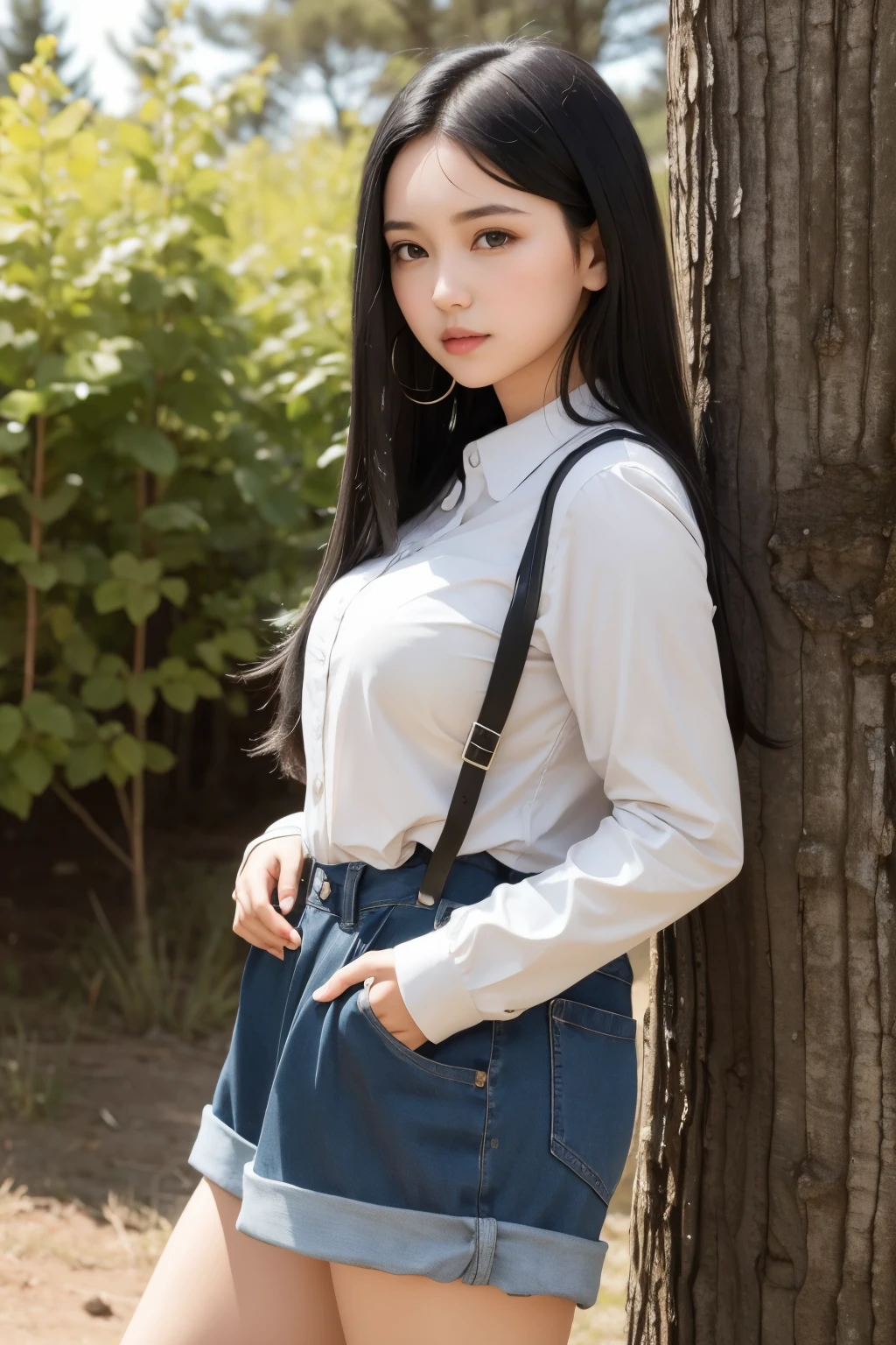 young girl with long black hair in country clothes