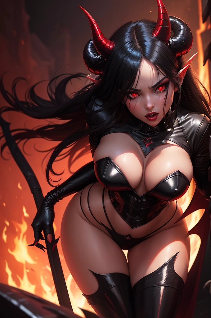 a succubus, skin-tight black leather collant, vibrant scarlet eyes, red skin, large horns, large wings, red nails, curvaceous figure,with evil girl expression. highly detailed, cinematic lighting, dramatic shadows, photorealistic, dark fantasy, gothic, chiaroscuro, dramatic color palette, infernal atmosphere, fire background