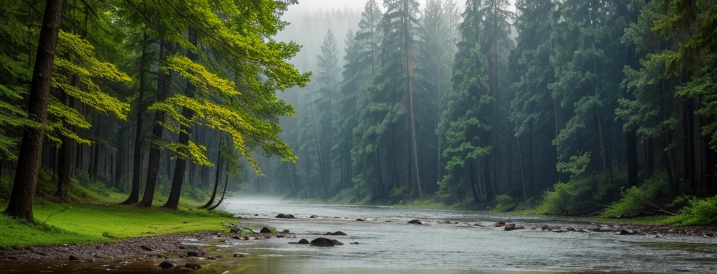 A classic forest with big green and brown trees and a river with blue fog