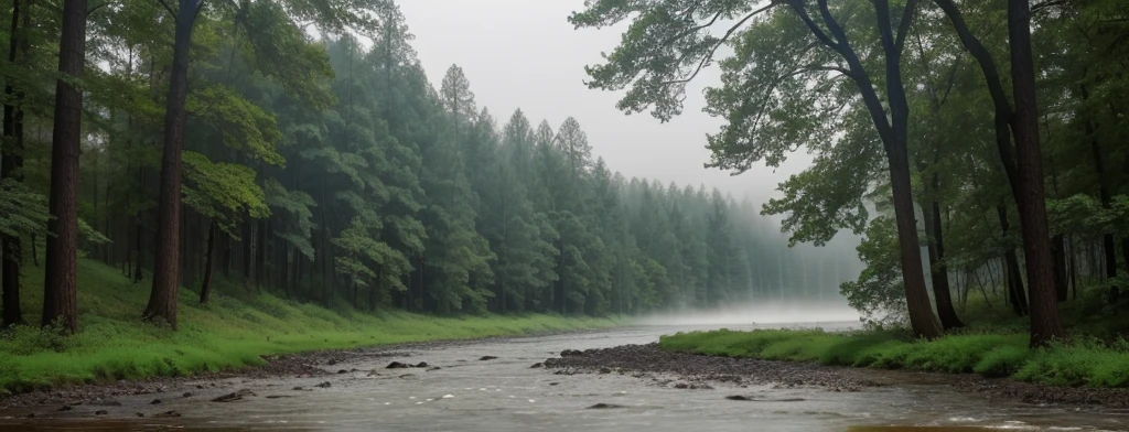 A classic forest with big green and brown trees and a river with blue fog