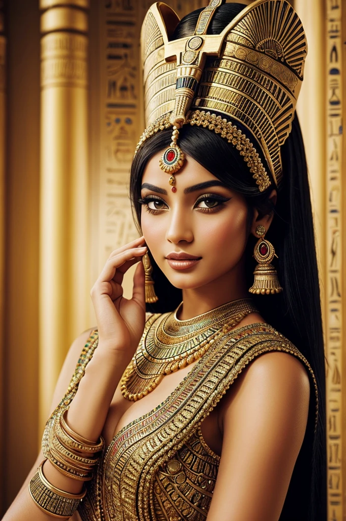 An artistic interpretation of a beautiful woman in Egyptian Style, characterized by a distinctive bun hat covering part of her face, adorned in ornate and traditional Egyptian attire. The woman exudes a sense of mystery and elegance through her ensemble, which features intricate jewelry and embellishments typical of Egyptian fashion. Her smooth and radiant skin, enhanced by subtle makeup, complements her graceful and captivating appearance. The artistic portrayal emphasizes the woman's beauty, the elaborate Egyptian attire, and the cultural richness of the overall design. The composition aims to capture the essence of Egyptian aesthetics and the timeless allure of the woman’s attire. Through artistic styling and creative interpretation, the image conveys a sense of enchantment and beauty inspired by Egyptian culture. The camera shot should be a detailed view to emphasize the artistry and elegance of the woman's Egyptian-inspired presentation."