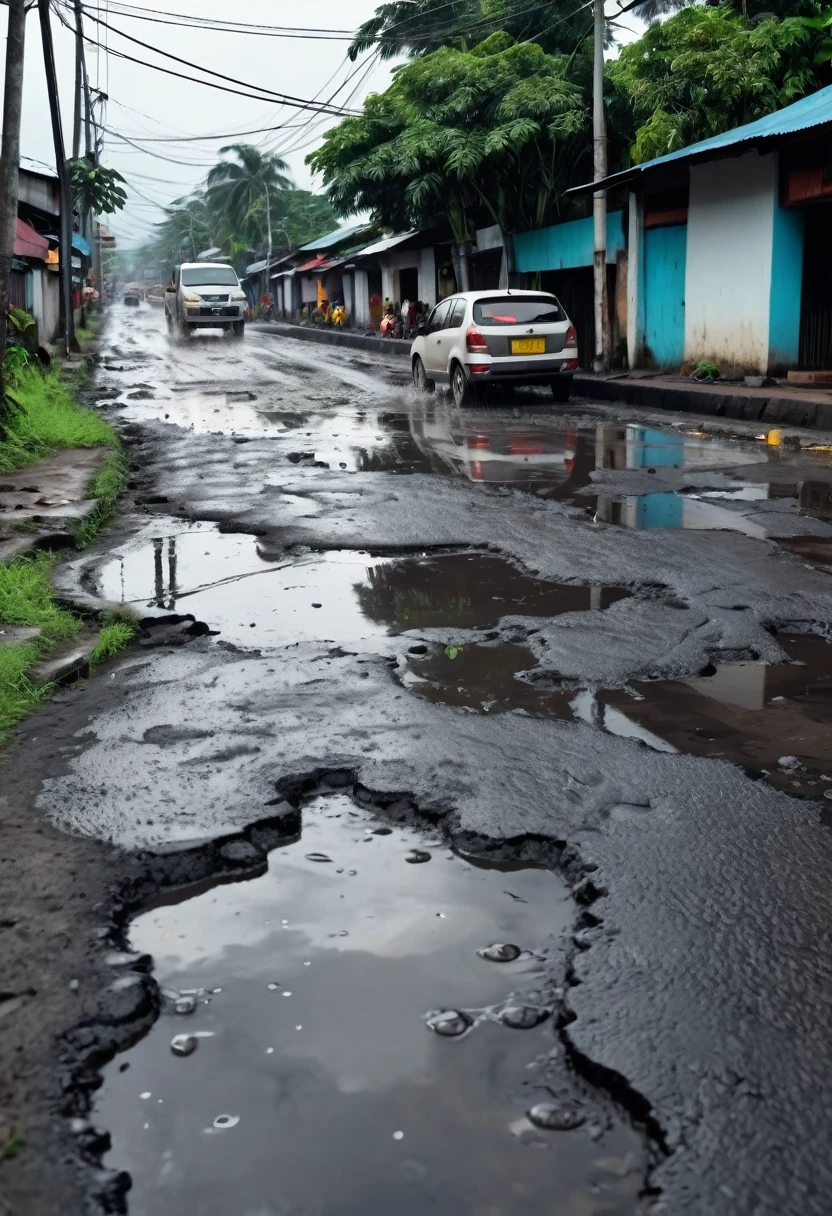 An indonesian city road with halted traffic, big deep potholes in the road, potholes filled with rainy water, poor people on road around potholes, ultra realistic image, 4K, high resolution
