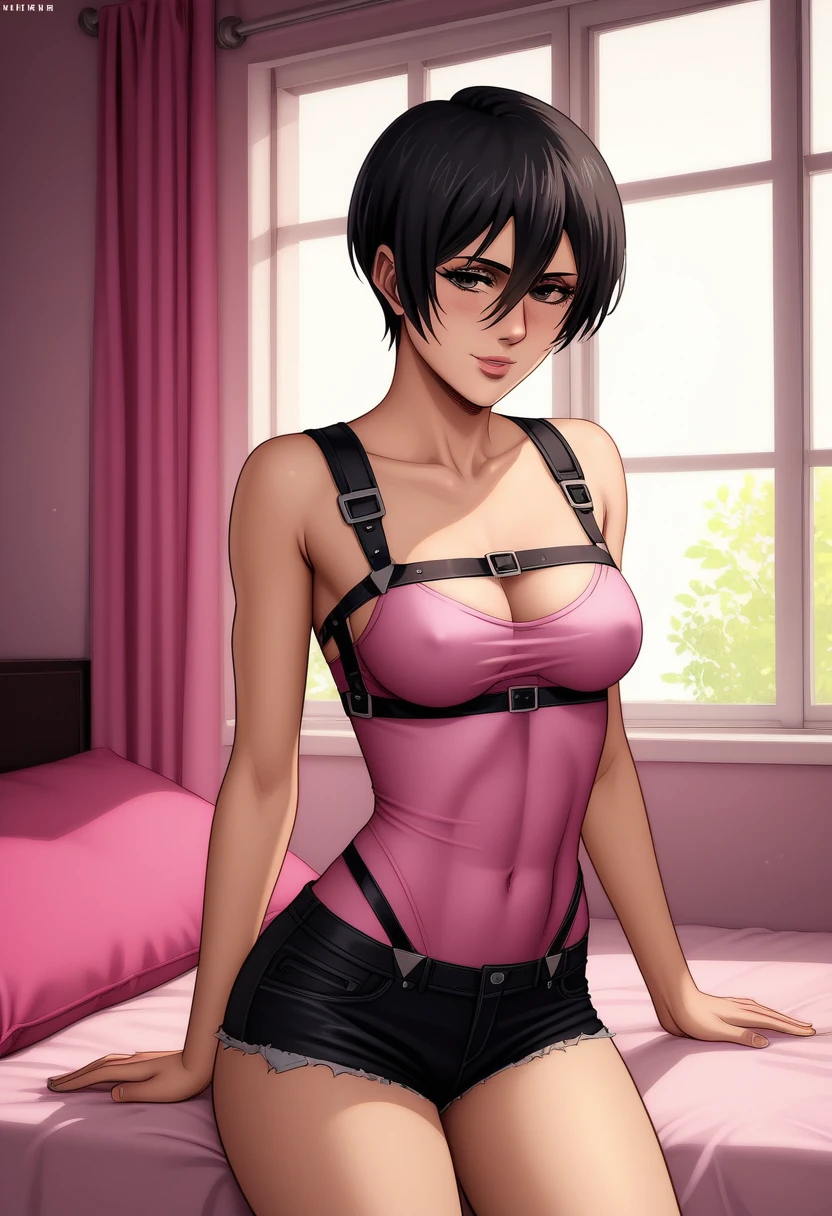 score_9_up, score_8_up, score_7_up, 1girl, solo, mature female, ((Mikasa Ackerman)), ((black very short hair)), ((black pixie cut)), black eyes, pink lips, fit slim body,(((perfect erected medium breast))) (((pink tight top, tight jean shorts, black harness))), (((highly detailed bedroom, window, bed))), perfect fit model body, wide hips, shy smile, seductive pose