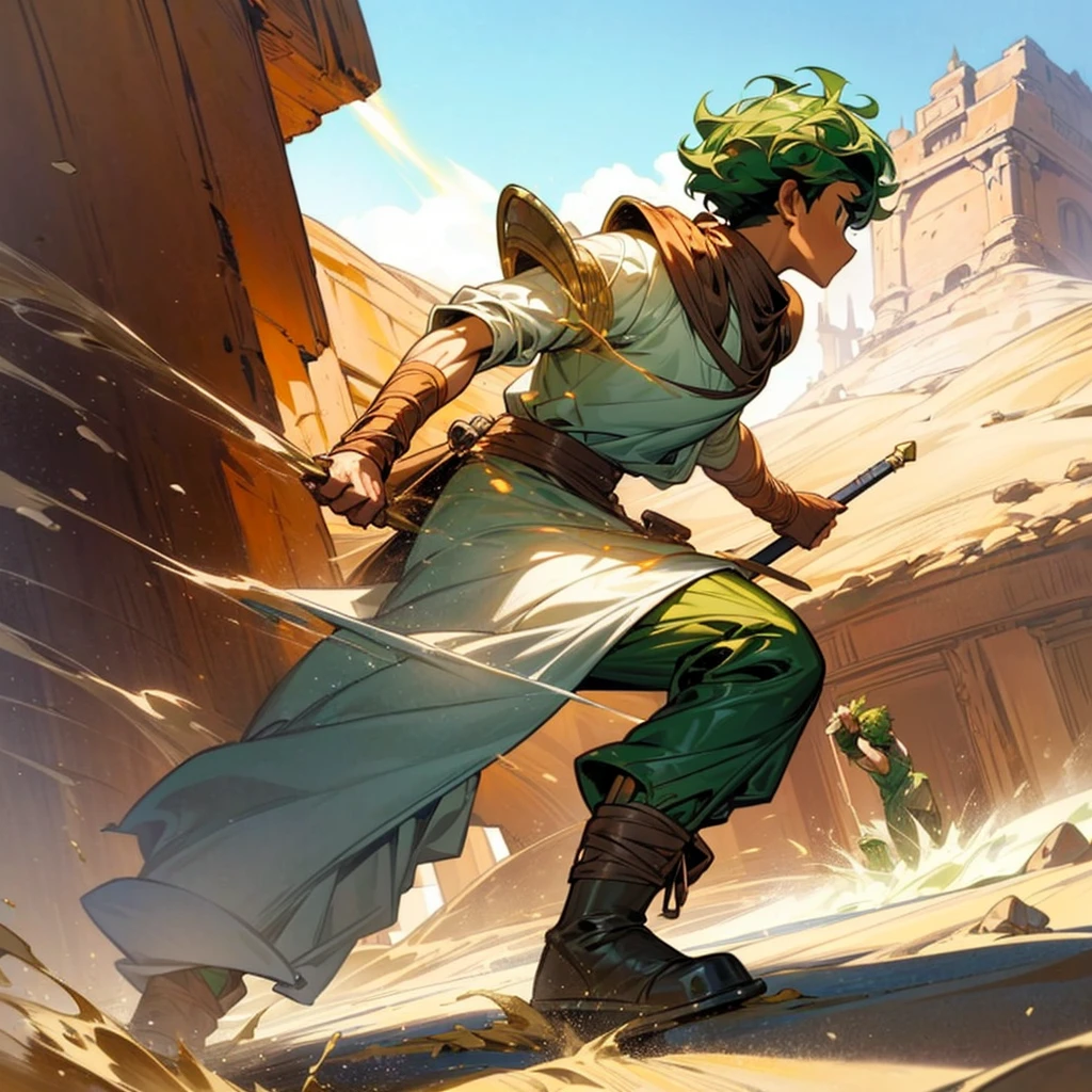 1boy, Full body version, 1character, (sand wanderer), brown eyes color, dark skin, (Curly cut hairstyle), small eyes type, green colour hair, doctor ancient roman clothing style, white color clothing, dark green robe, Ancient roman boots, armor vest, sands in two hand, Grassroots background in desert, (battle, battle gesture, battle poses, view character on small, He a sand wanderer, he controls sand with his hands, he fights enemies with sand, enemies, bandits, Fighting, intense battles, fighting in desert, Dynamic Pose, Motion Blur, emphasis lines, sparks, plasma, aura)