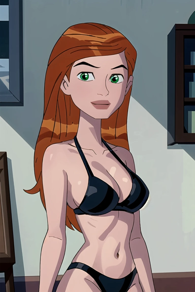 gwentennyson, (8k, RAW photo, best quality, masterpiece:1.2), (intricate details), perfect eyes, perfect face, perfect lighting, beautiful, (masterpiece:1.2), (best quality:1.2), 1girl, cartoon style, solo, redhead, green eyes, black bikini , smile , big breasts , wide hips , milf , 