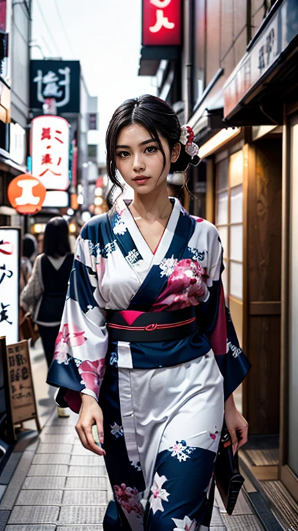 a beautiful young woman in a traditional japanese yukata walking down a street in tokyo, japan with japanese signs and shop fronts, highly detailed, 4k, photorealistic, warm lighting, vibrant colors, beautiful detailed eyes, beautiful detailed lips, extremely detailed face, long eyelashes, cinematic, masterpiece, 4k, ultra realistic