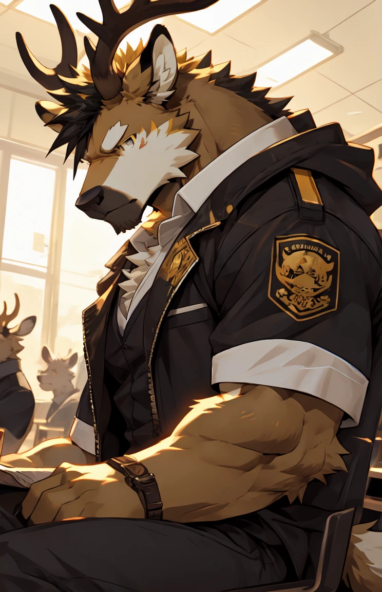 (by sollyz),Elk,detail face, detail eyes, detail,male,pants,nacked,furry, short hair,pants,
,handsome,class room,
strong,epic,