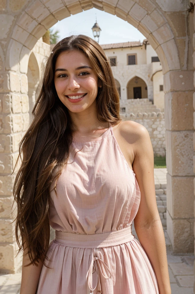 a photo-realistic portrait of a beautiful Palestinian woman with long brown hair, pink dress, white teeth, and a cute smile, with highly detailed and realistic facial features, modest expression, and realistic white skin tone