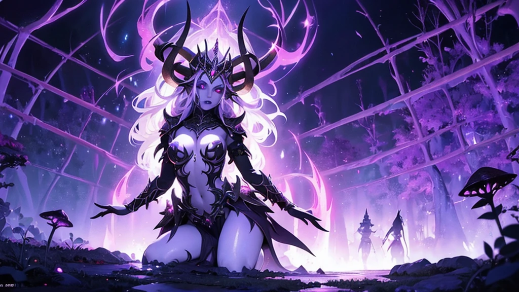 Nice Alluring female drow knight, She wears an ornate horned crown, Mythology theme, fantasy themed, purple skin, light long white hair, red eye, one cup size extremely small breasts, Inside A magical dark bioluminescent mushroom forest, Barely dressed, Gothic Bikini Armor with Spikes, Nice D&d Character portrait, Nice Fantasy, Detailed, digital art, extreme detail, polished, Nice, Hyperdetailed, complicated, well thought out, Carefully, Anime Figure, Detailed, Anime face, keen focus, unreal engine, 3D rendered, volumetric lightning, reflections, glittering, digitale Illustration, sensual pose, Suggestive pose, Full body shot, small perky breasts, anatomically correct 💖❤💕💋❣