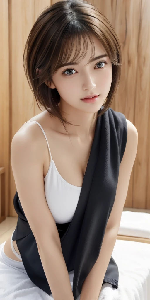 Photorealistic、Highest quality、Highest quality、masterpiece、Ultra-high resolution、Raw photo、Realistic、Bright lighting、Face Light、Smooth Professional Lighting、Looking at the camera、alone、Adult women、Beautiful woman、Super Beauty、Realistic肌、Moisturized Skin、Realistic eyes and faces、Perfect model body shape、Beautiful Eyes、Big eyes、Inconspicuous tear bags、slim、Big Breasts、No bra、No makeup、Beautiful fingers、Very short hair、Dark black hair、dark black eyes、looks fun、(Both ears are hidden in the hair）、Doing a massage、Beauty Salon、Beauty Salonティシャン、Female masseur、Aromatherapy oil、Massage towel、Massage Wear、Beauty Salonマッサージ、During treatment