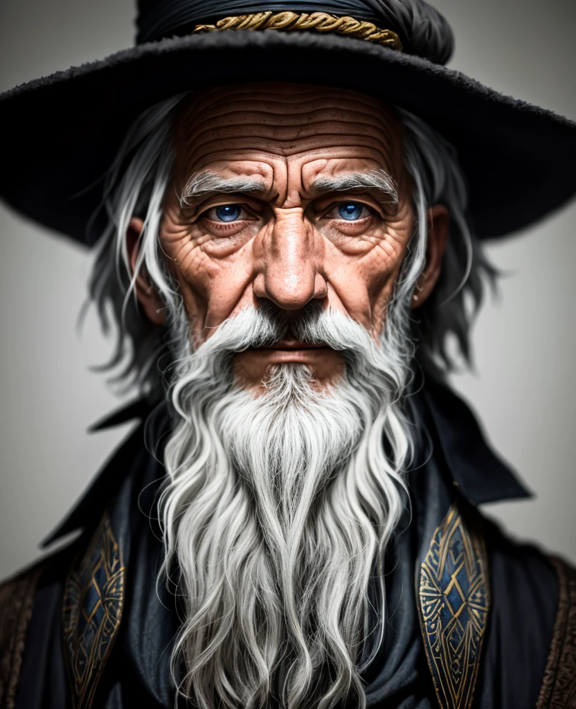 A portrait of a wizard, bearded, wrinkled, weathered, with piercing eyes, face detailed, High details, fot, dark studio, rim-light, Nikon D850, 50mm, f/1.4