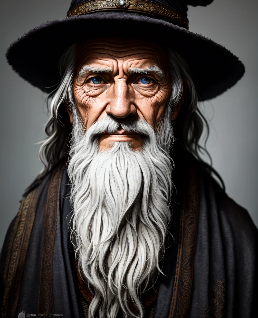 A portrait of a wizard, bearded, wrinkled, weathered, with piercing eyes, face detailed, High details, fot, dark studio, rim-light, Nikon D850, 50mm, f/1.4