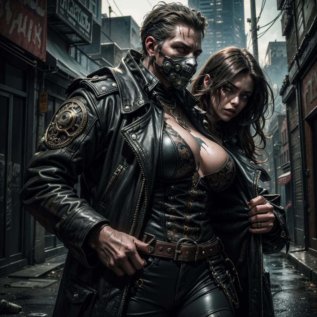 A female crime boss zombie, extremely detailed, steampunk outfit, mysterious creature bodyguard, bad neighborhood background, (best quality,4k,8k,highres,masterpiece:1.2),ultra-detailed,(realistic,photorealistic,photo-realistic:1.37),dark moody lighting,cinematic dramatic lighting,chiaroscuro lighting,dystopian sci-fi,dark fantasy,muted color palette,gritty urban setting,intricate details,highly detailed,award winning photography