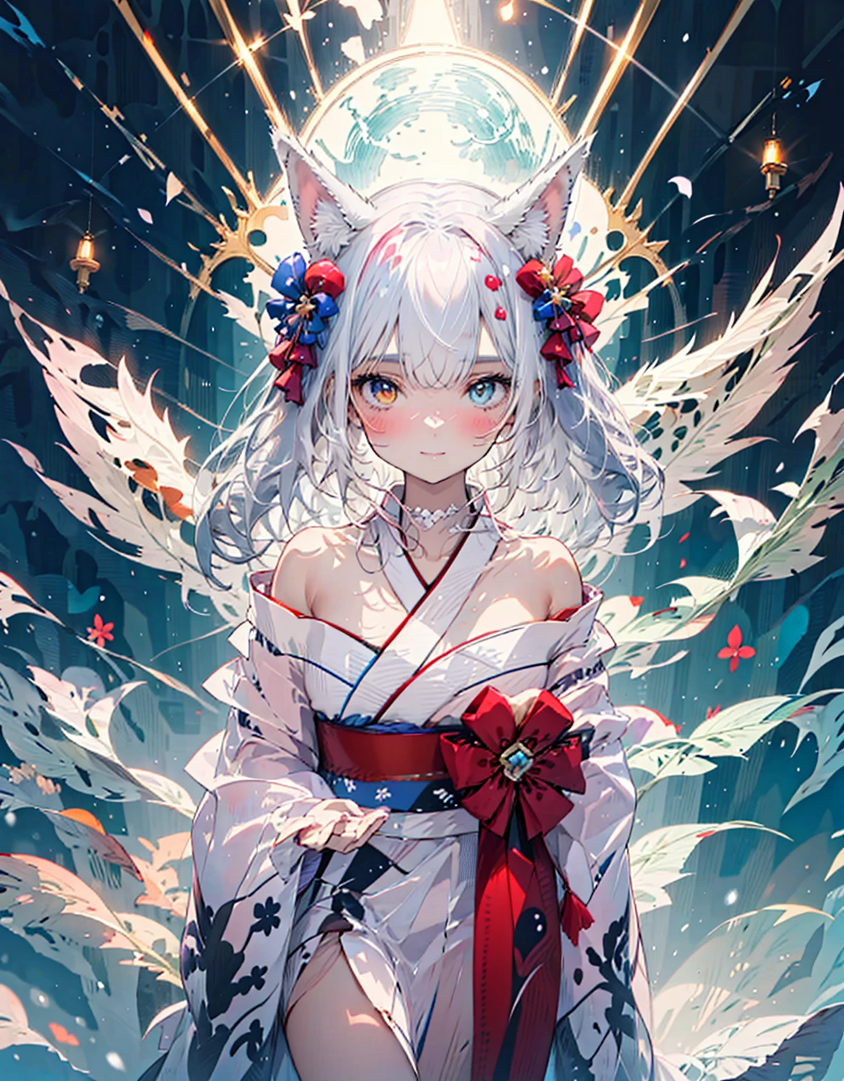 [[[ ultra-detailed, best quality, soft skin, beautiful, 4K]]] white hair, white fox ears, perfect blue and red eyes (heterochromia, tied-up hair, slender body, dynamic angle, white choker, white and blue upper loose kimono (off shoulders kimono ) , white fox ears, calm expression, female, snowy palace gardens background, serious). walking angle, ((little horny smile)), bare shoulders,  easy like, scenery, ((white fluffy cat ears)) 