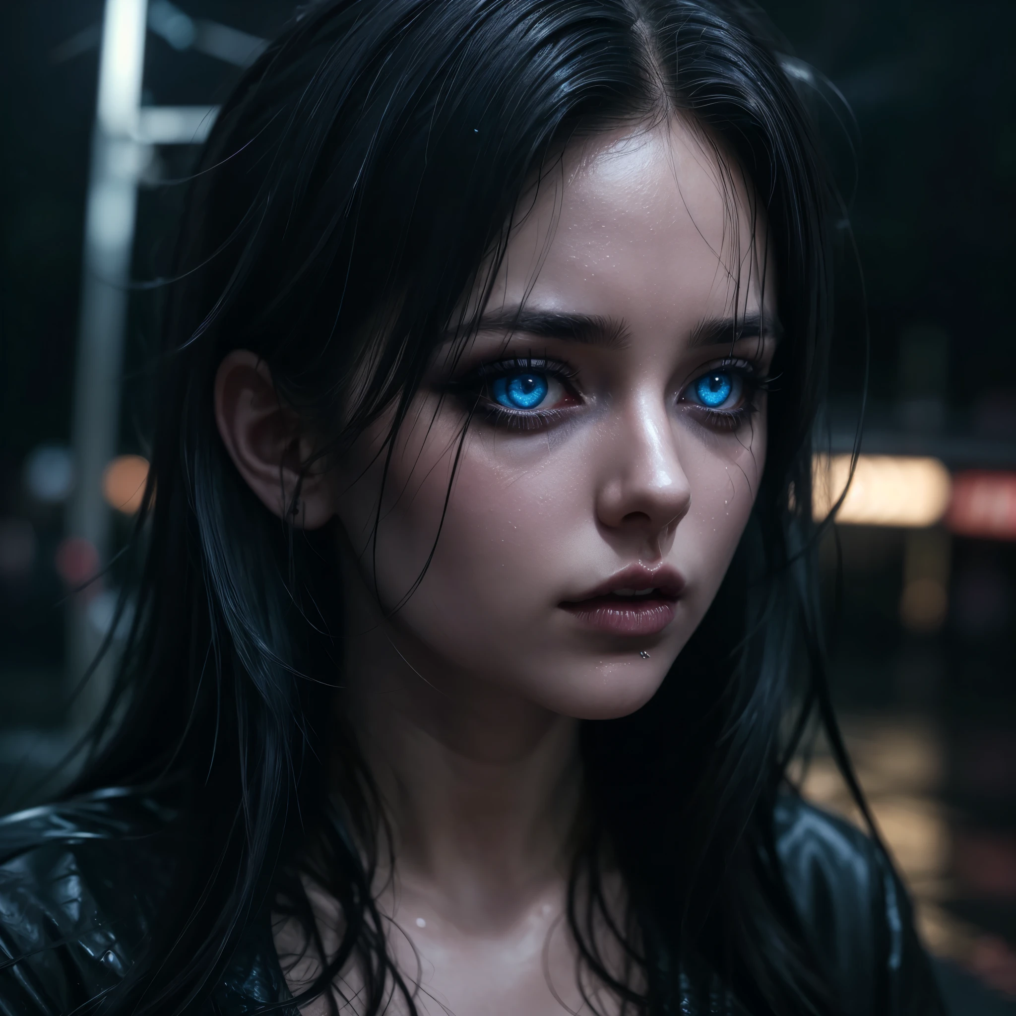 a beautiful girl with gorgeous glowing blue eyes, gothic makeup, large breasts, open clothing, white shirt, black miniskirt, in the rain, wet clothing, on a night street, (best quality,4k,8k,highres,masterpiece:1.2),ultra-detailed,(realistic,photorealistic,photo-realistic:1.37),extremely detailed eyes and face,beautiful detailed eyes,beautiful detailed lips,longeyelashes,dramatic lighting,cinematic lighting,moody atmosphere,dark and gritty,dramatic contrast,saturated colors,neon lights,rain effects