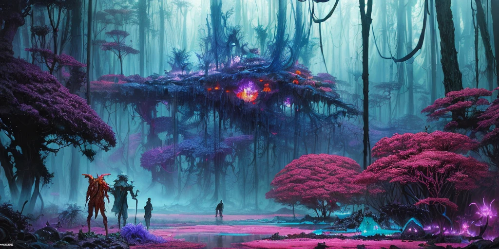 surreal lush forest mixed media, a (Paul Lehr Bernie Fuchs) magical fantasy designed, vivid colours, cryptic, mystical, flowing organic pop surrealism by james jean, roby dwi antono, ross tran, steven kenny, paul neberra, ashley wood, atmospheric, trending on artstation. 8 k masterpiece, fluid, filigree, smoke,