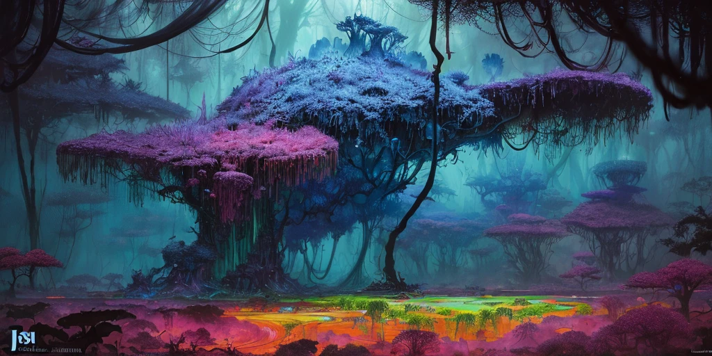 surreal lush forest mixed media, a (Paul Lehr Bernie Fuchs) magical fantasy designed, vivid colours, cryptic, mystical, flowing organic pop surrealism by james jean, roby dwi antono, ross tran, steven kenny, paul neberra, ashley wood, atmospheric, trending on artstation. 8 k masterpiece, fluid, filigree, smoke,